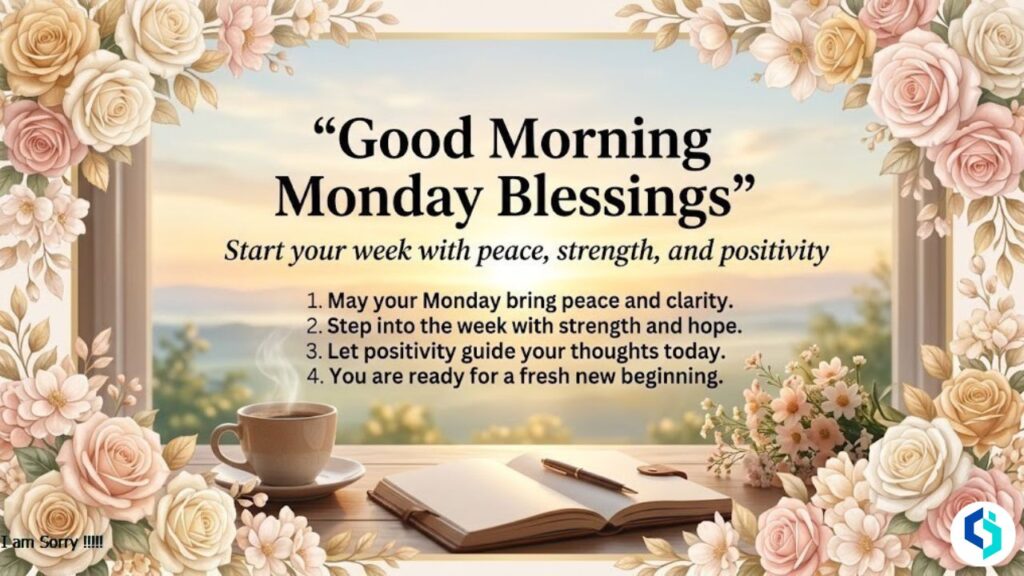 Good morning Monday blessings featured image with sunrise and floral border