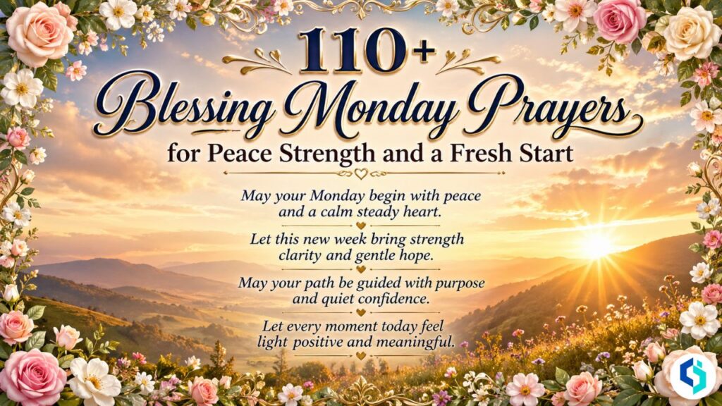 Blessing Monday prayers featured image with sunrise and floral border