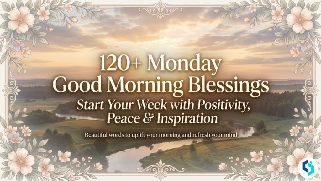 120+ Monday good morning blessings featured image with sunrise and floral border design