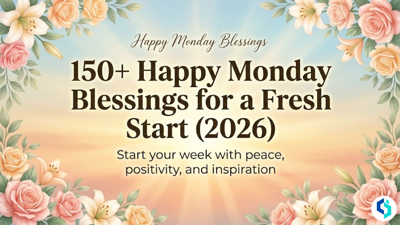 130+ happy Monday blessings featured blog image with sunrise background and floral border design