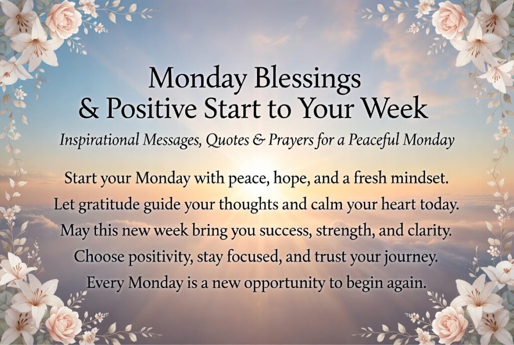 Monday blessings featured image with inspirational quotes, floral border, and motivational week start message
