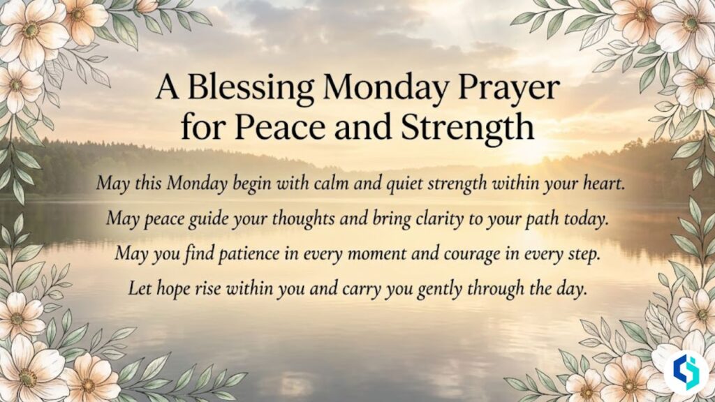 Blessing Monday prayer for peace and strength with sunrise and floral border