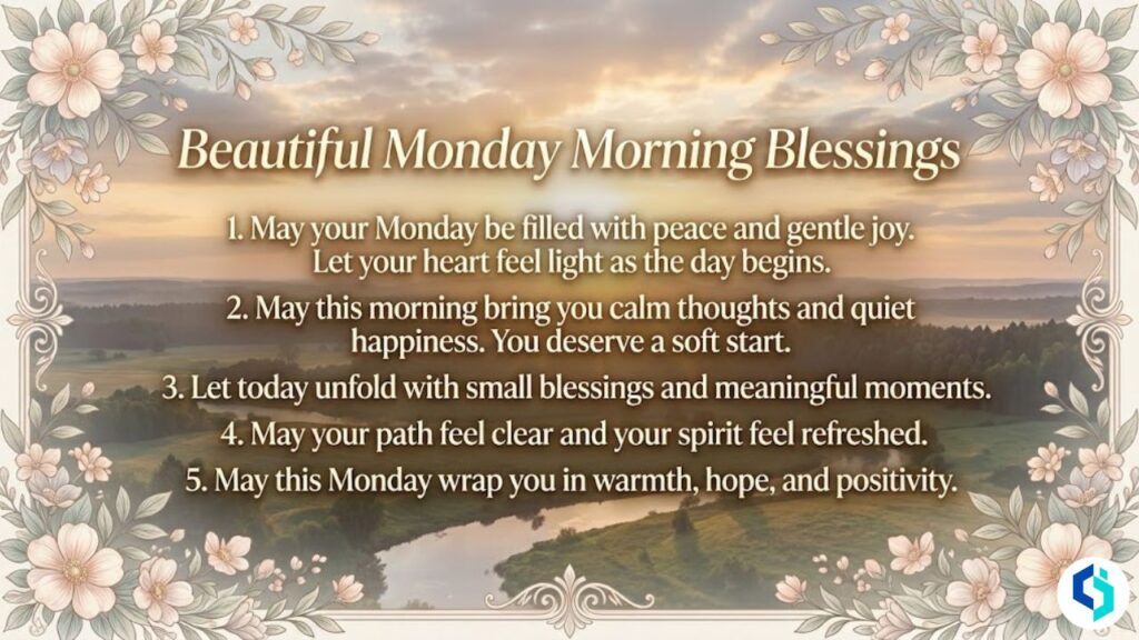 Beautiful Monday morning blessings with peaceful sunrise and floral border design