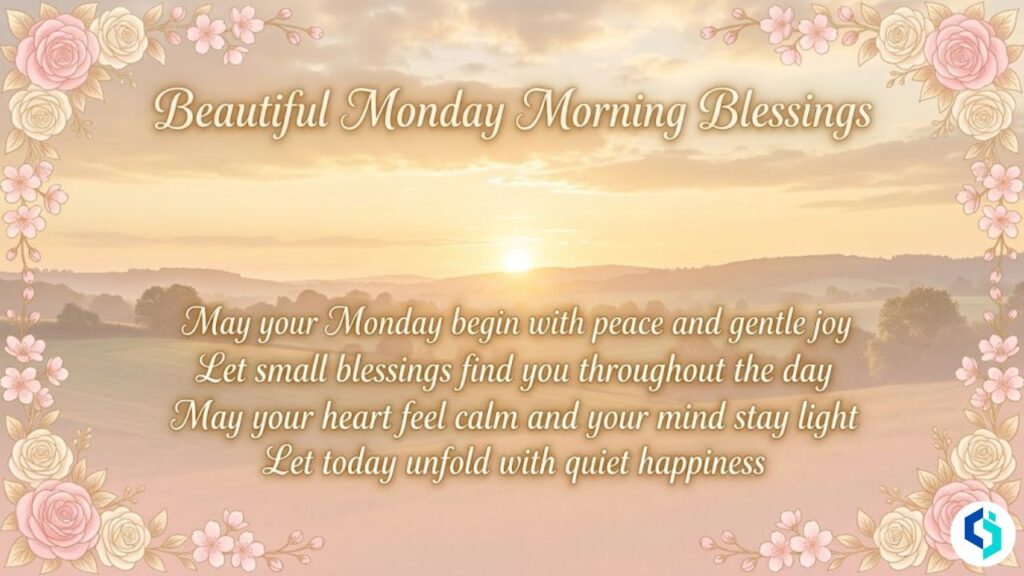 Beautiful Monday morning blessings with peaceful sunrise and floral border