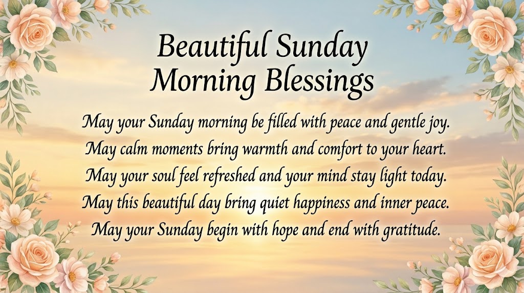 Beautiful Sunday morning blessings image with sunrise and floral border