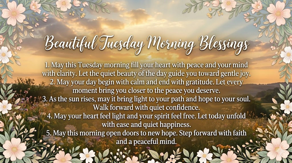 beautiful Tuesday morning blessings image with sunrise and floral border