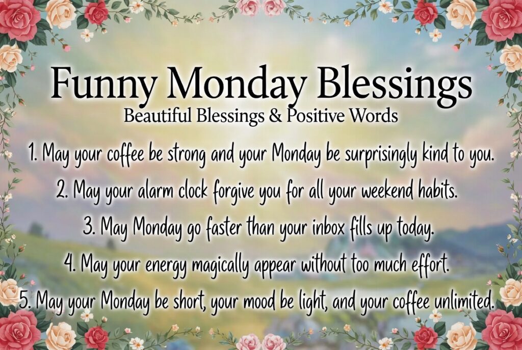 Funny Monday blessings inspirational quote image with floral border and humorous positive messages