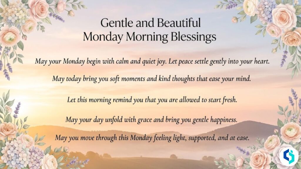 Gentle and beautiful Monday morning blessings image with peaceful sunrise and floral border