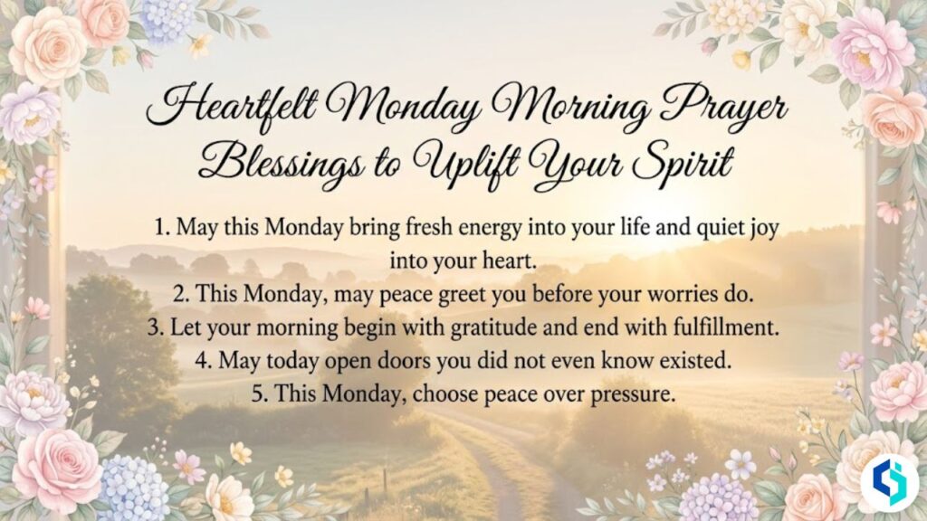 Heartfelt Monday morning prayer blessings with peaceful floral design and uplifting quotes