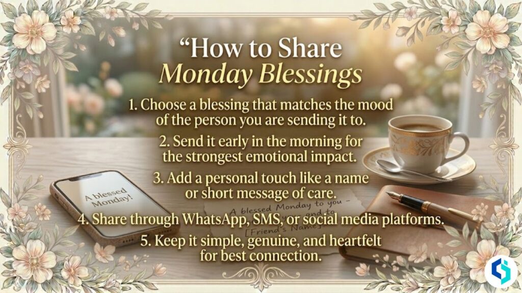 How to share Monday blessings with phone, coffee, and floral border design