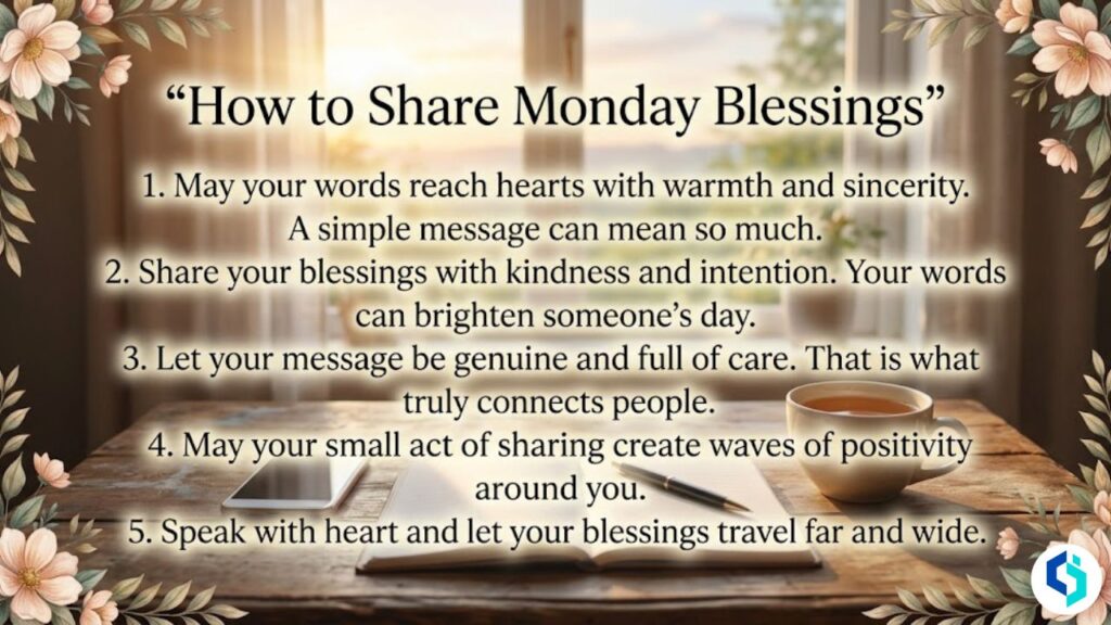 Sharing Monday blessings image with cozy morning setup and floral border