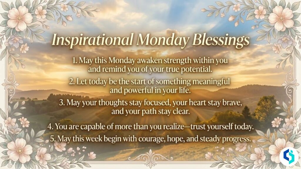 Inspirational Monday blessings with sunrise sky and floral border design