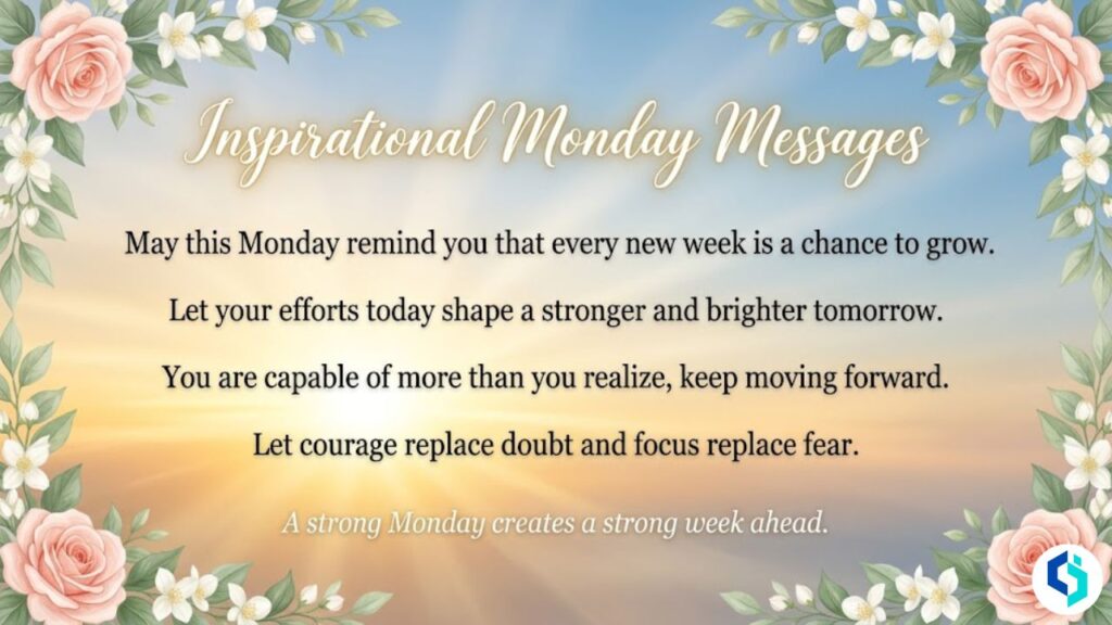 Inspirational Monday messages motivational quote image with floral border and sunrise background