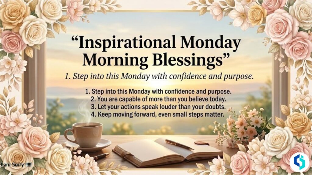Inspirational Monday morning blessings with sunrise and floral frame