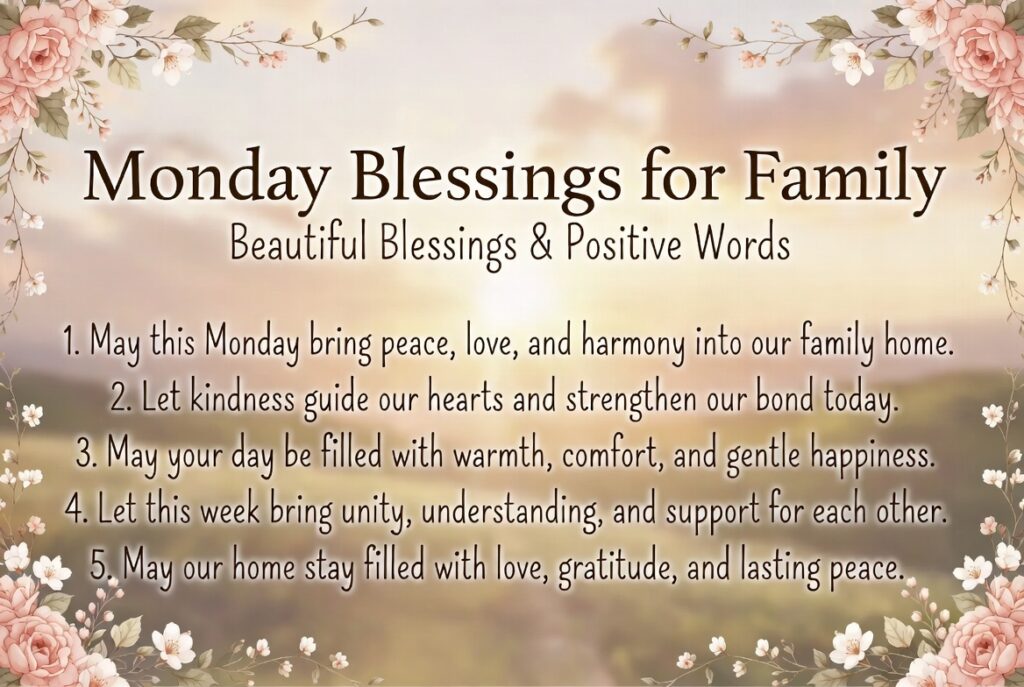 Monday blessings for family inspirational image with floral border and warm heartfelt messages