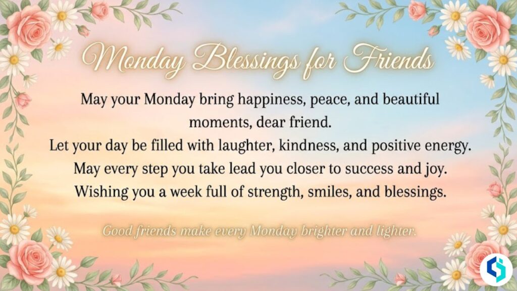 Monday blessings for friends inspirational quote image with floral border and sunrise background
