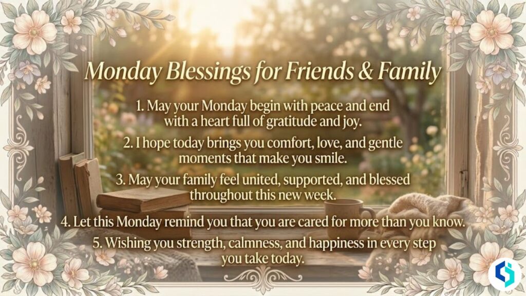 Monday blessings for friends and family with warm sunrise and floral border design