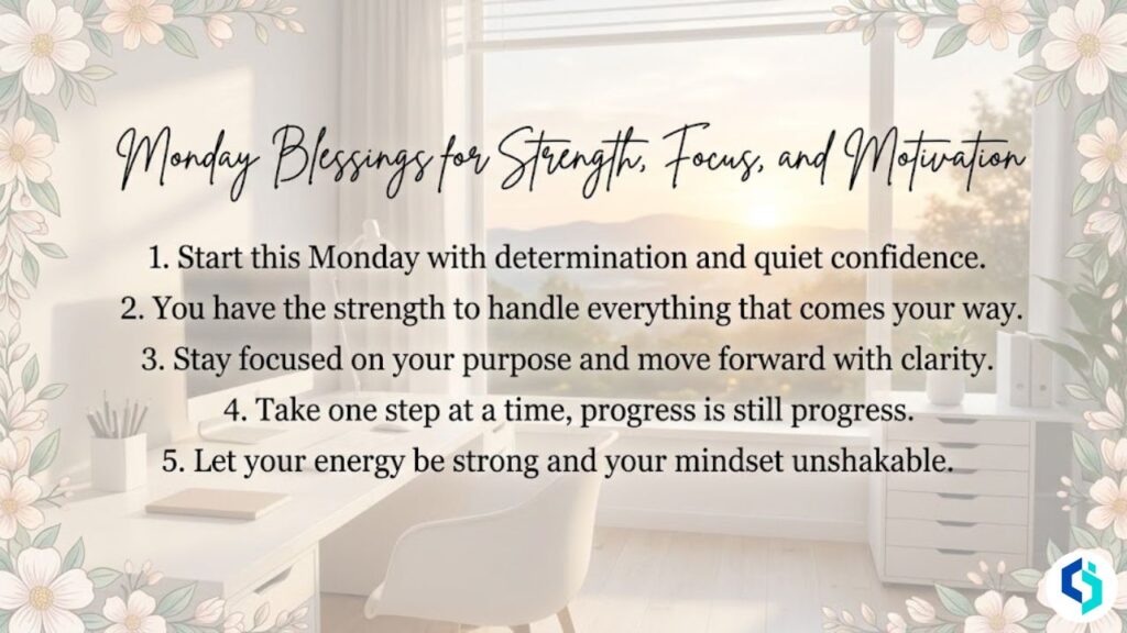 Monday blessings for strength focus and motivation with uplifting quotes and floral border