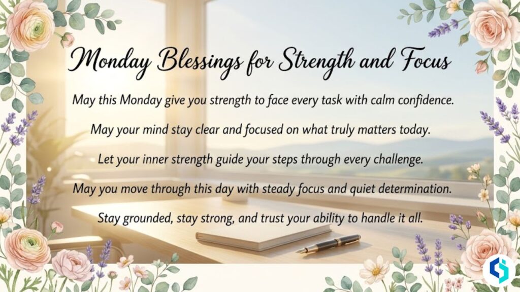 Monday blessings for strength and focus image with calm morning light and floral border