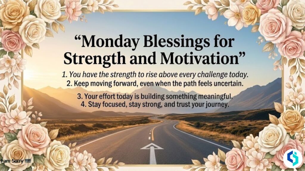Monday blessings for strength and motivation with sunrise and floral border