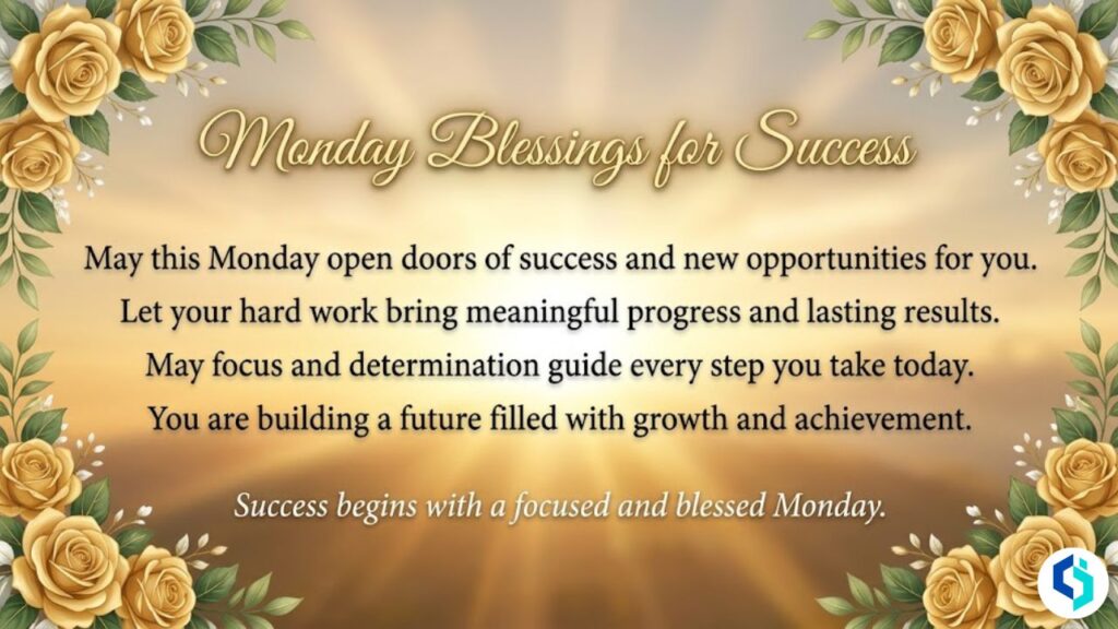 Monday blessings for success inspirational motivational quote image with floral border and sunrise background