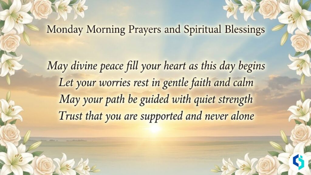 Monday morning prayers and spiritual blessings with peaceful sunrise and floral border