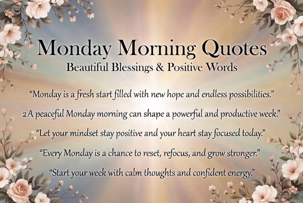 Monday morning quotes inspirational image with floral border and motivational text