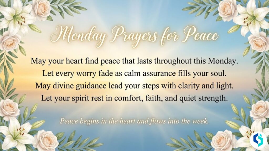 Monday prayers for peace inspirational spiritual quote image with floral border and sunrise background