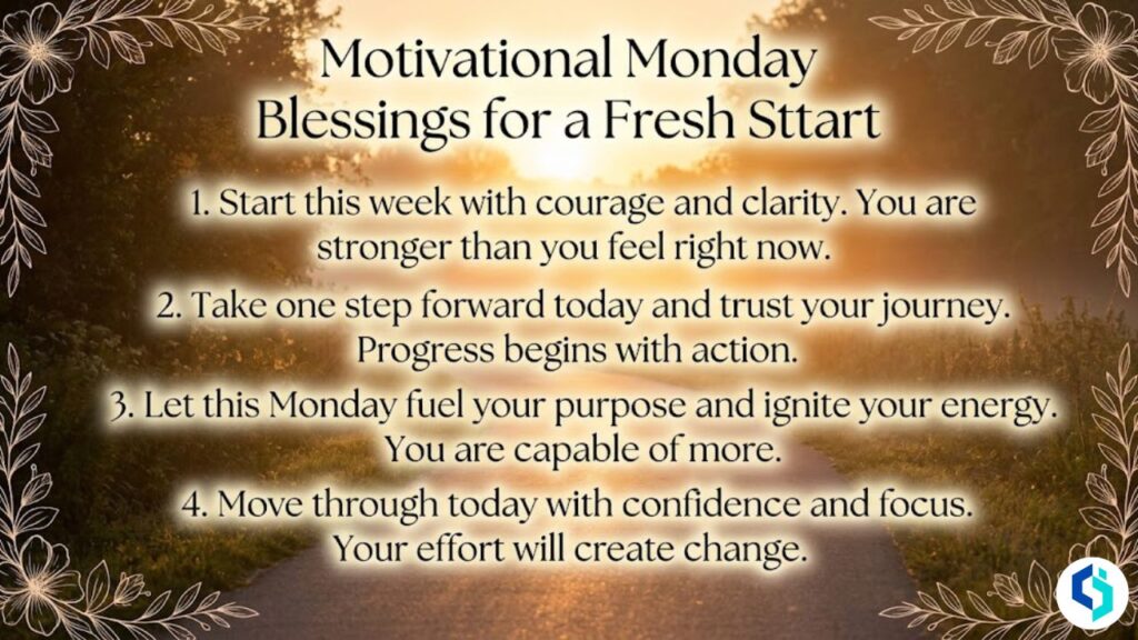 Motivational Monday blessings image with sunrise and floral border