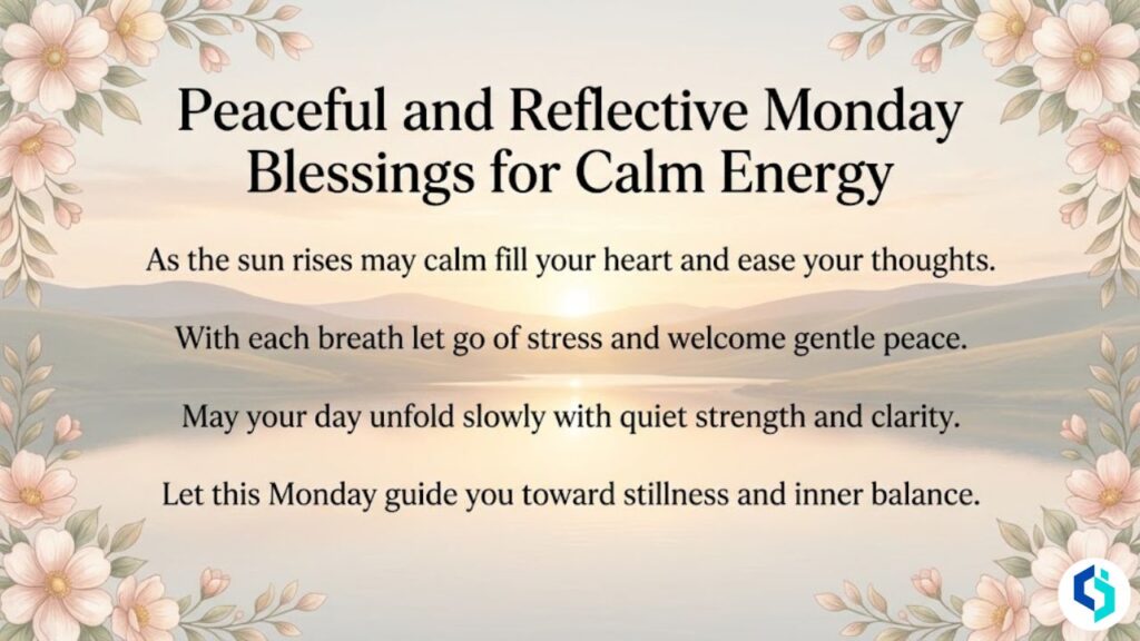 Peaceful and reflective Monday blessings with calm sunrise and floral border