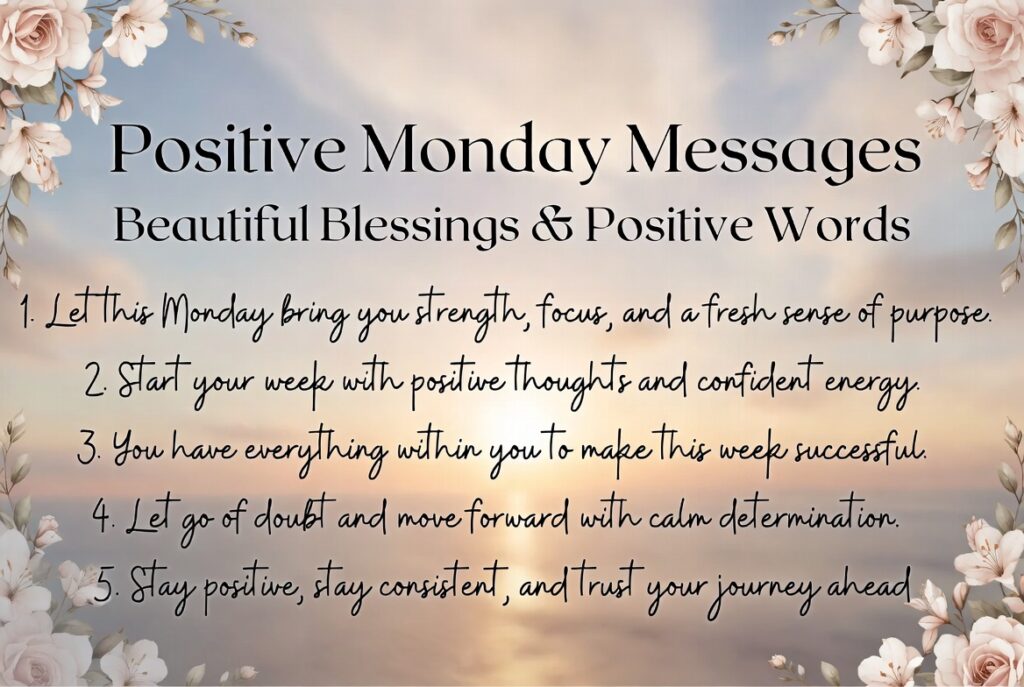 Positive Monday messages inspirational quote image with floral border and motivational text
