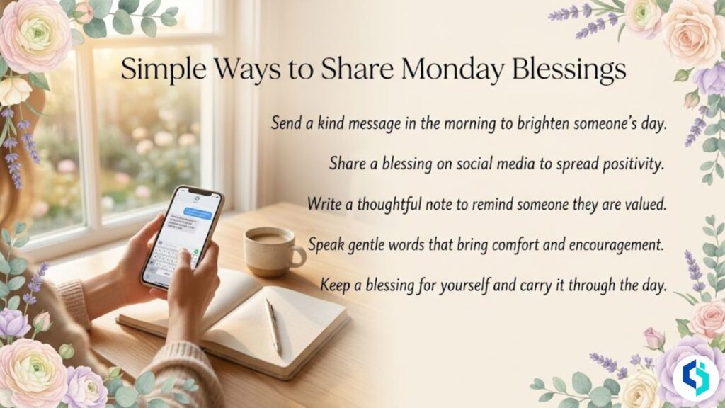 Simple ways to share Monday blessings image with cozy morning setting and floral border