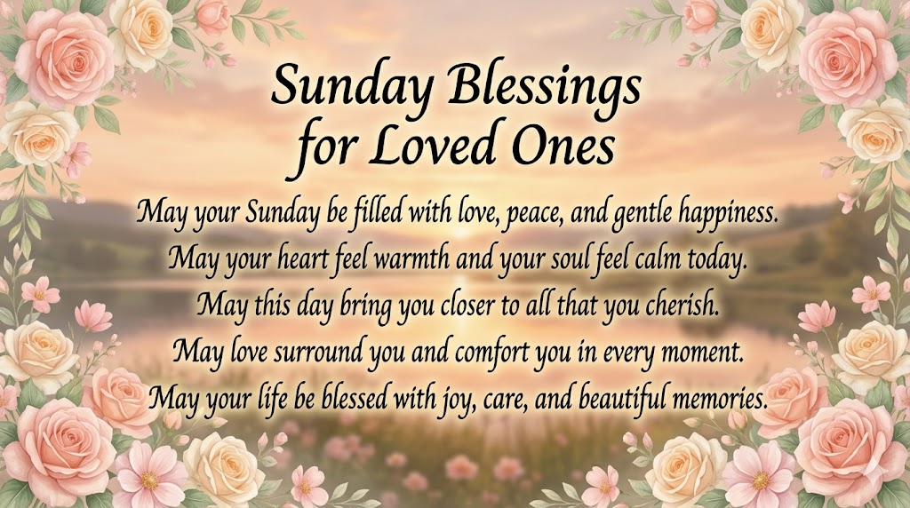 Sunday blessings for loved ones with soft pastel sky and floral border