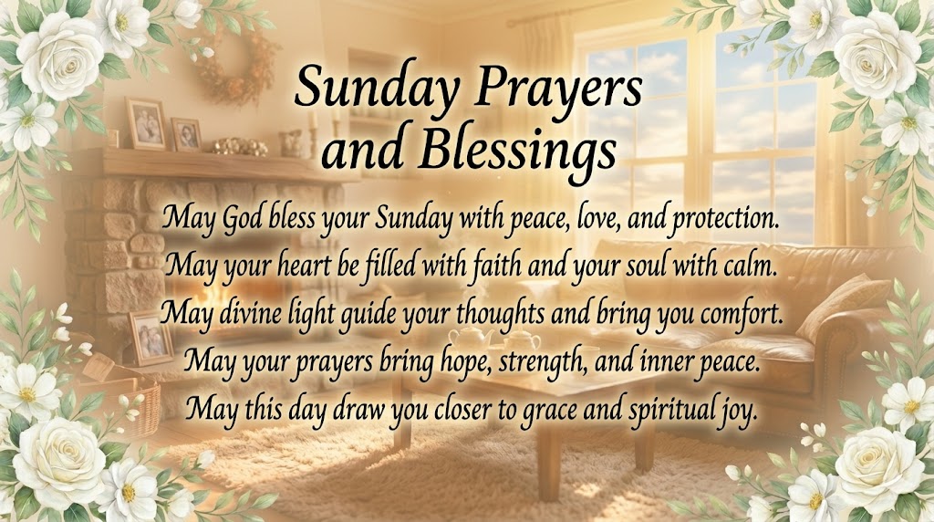 Sunday prayers and blessings image with peaceful light and floral border