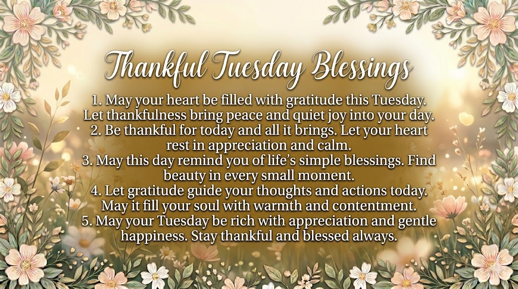 thankful Tuesday blessings image with soft light and floral border