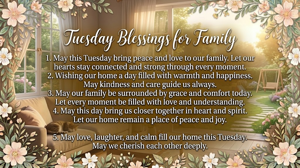 Tuesday blessings for family image with warm home and floral border