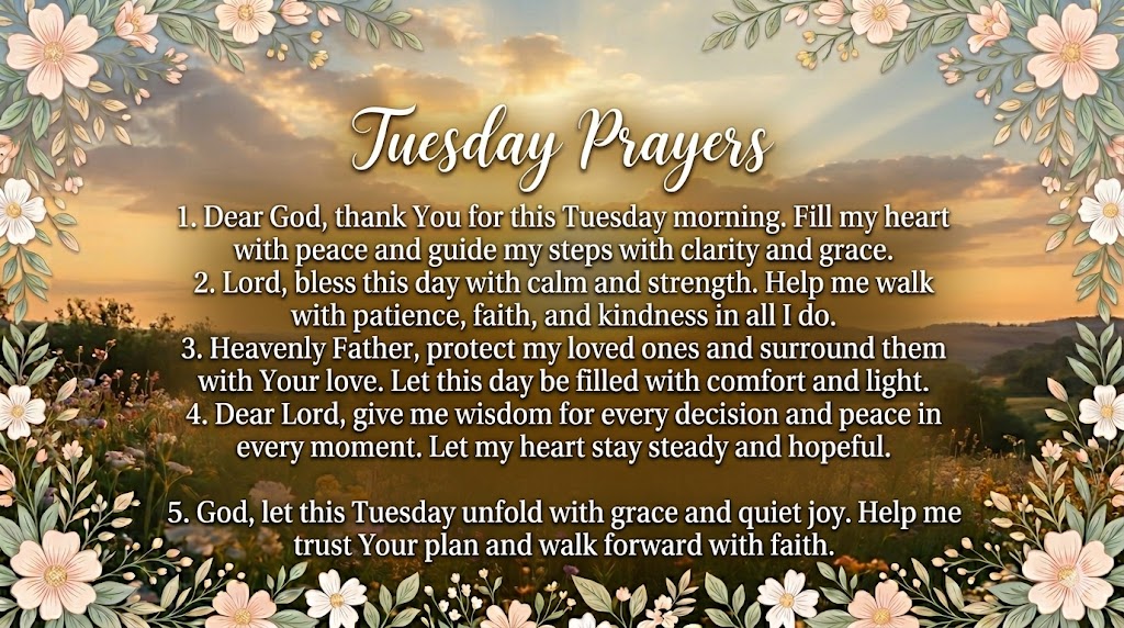 Tuesday prayers image with peaceful light and floral border