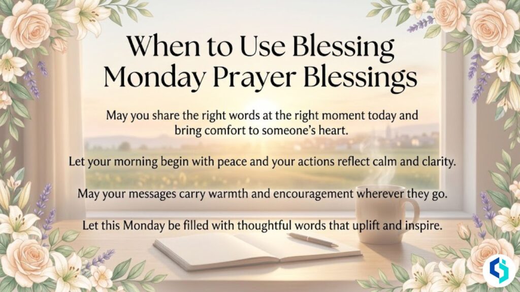 When to use blessing Monday prayer blessings with peaceful morning background and floral border