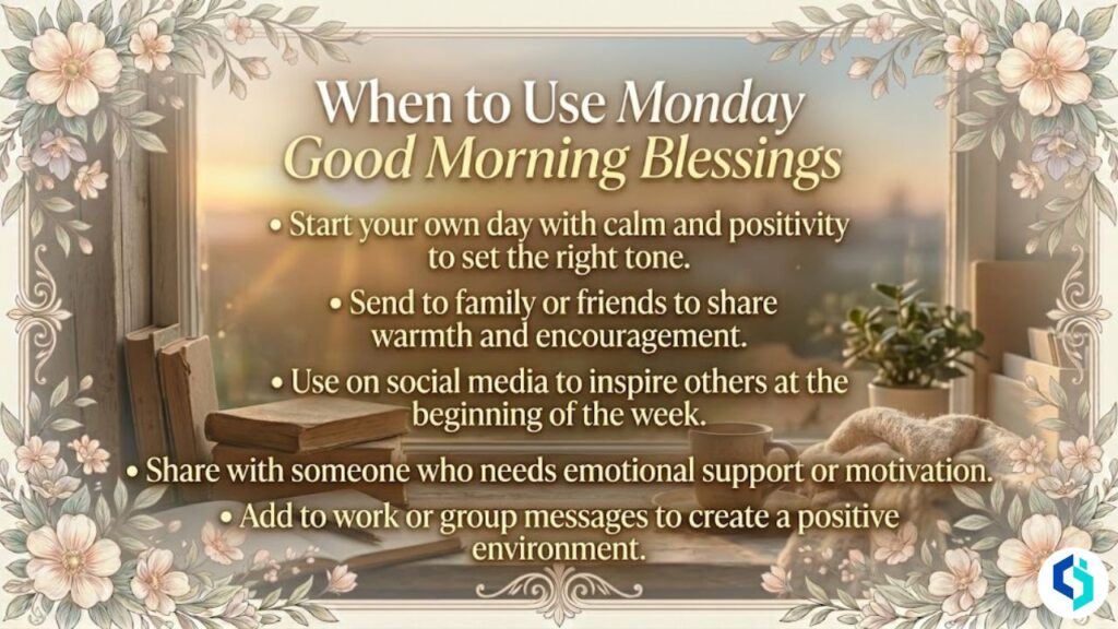 When to use Monday good morning blessings with calm workspace and floral border design