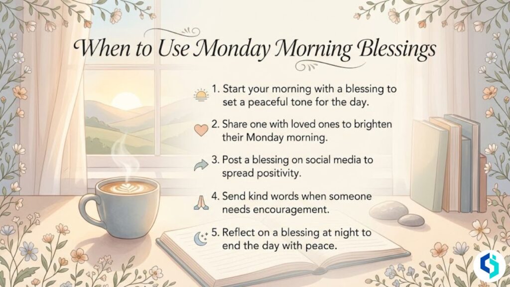 When to use Monday morning blessings image with peaceful sunrise and floral border