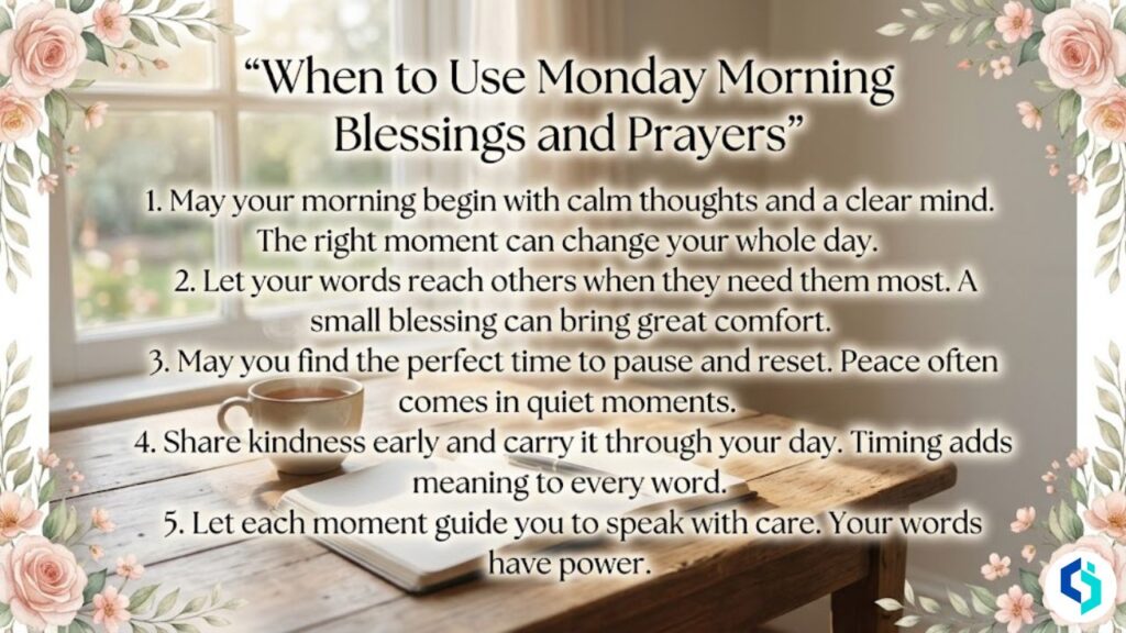 Monday blessings timing image with calm morning scene and floral border