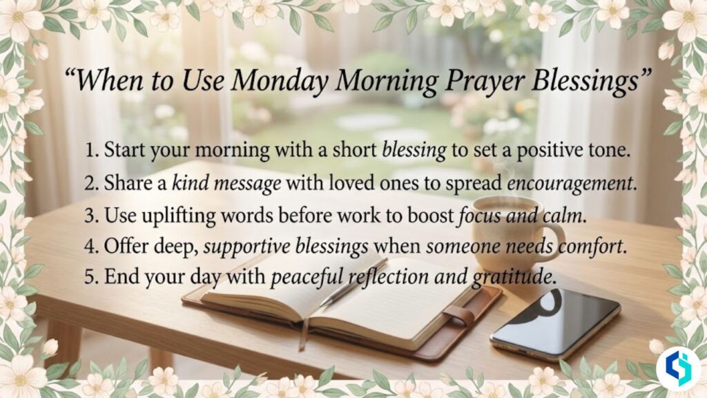 When to use Monday morning prayer blessings with peaceful quotes and floral border