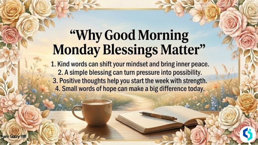 Why good morning Monday blessings matter with soft sunrise and floral border