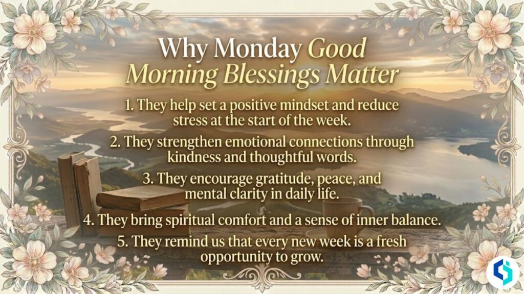 Why Monday good morning blessings matter with sunrise sky and floral border design