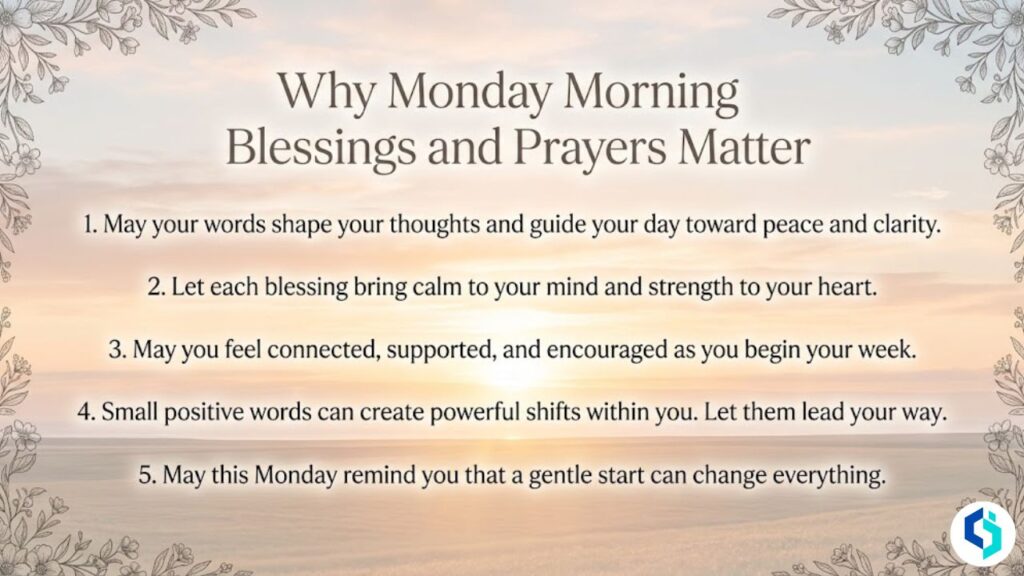 Monday blessings importance image with peaceful sunrise and floral border