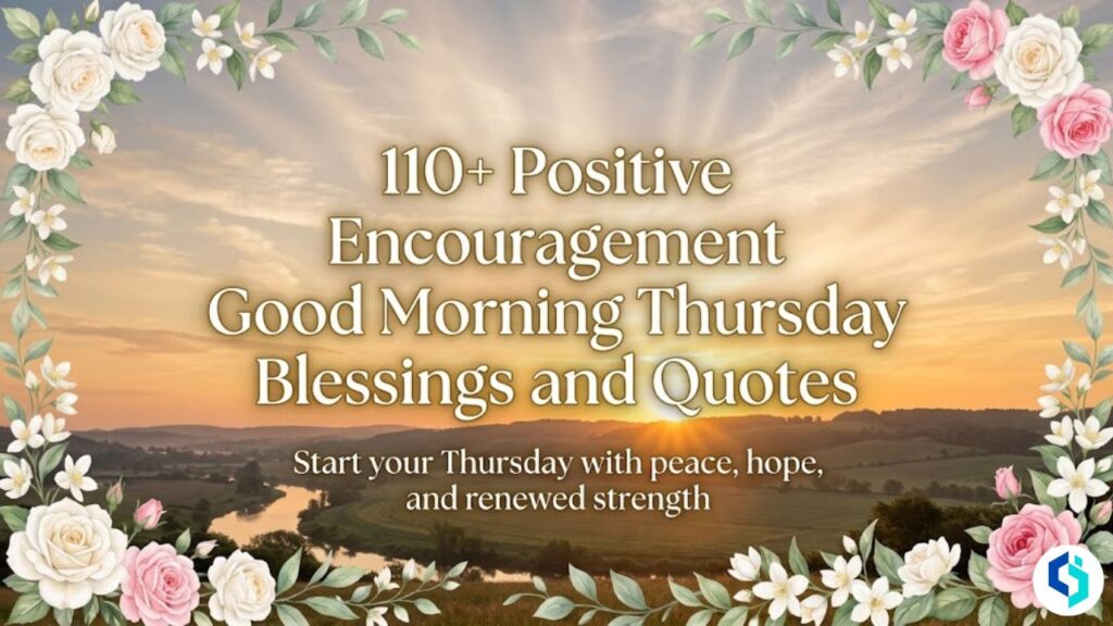 Featured image for positive encouragement Thursday blessings and quotes with sunrise and floral border design.
