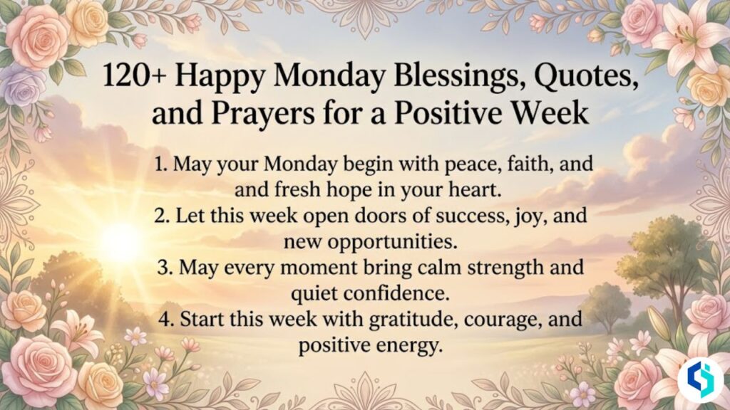 Happy Monday blessings featured image with sunrise, floral borders, and uplifting weekly inspiration quotes