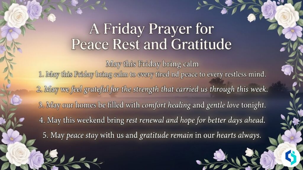 Friday prayer for peace rest and gratitude with sunset floral border inspirational design