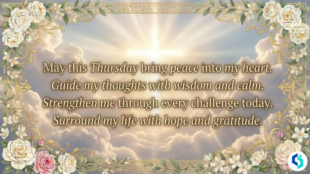 Positive good morning Thursday blessings with sunrise and floral border design.