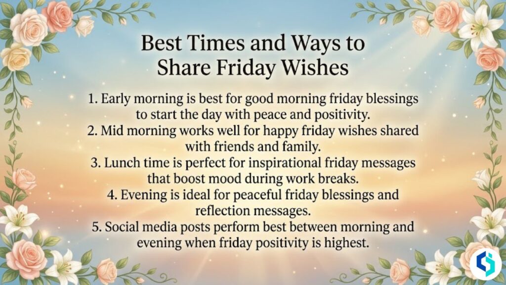 Best times to share Friday wishes infographic with floral border and peaceful design